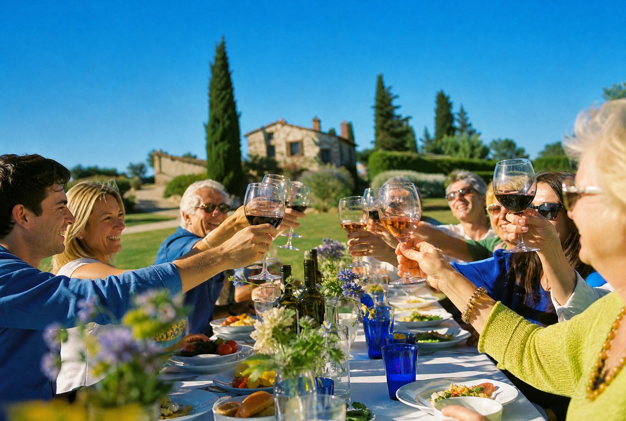 Friends and family of all ages toasting with glasses of non-alcoholic red and rosé wine at an outdoor dinner party