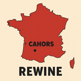 Map of France with a red outline highlighting Cahors and 'Rewine' branding.