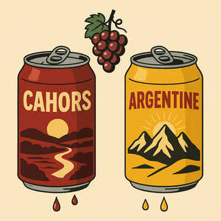Two illustrated beer cans labeled 'Cahors' and 'Argentine' with corresponding graphics on a beige background.