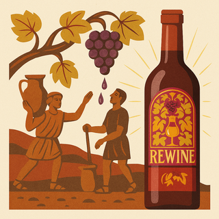 Illustration of two people with a wine bottle labeled 'REWINE' and grapes on a vine.