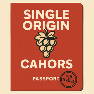 Red passport-style book with 'Single Origin Cahors' text and grape illustration on a beige background