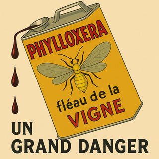 Vintage-style poster with a can labeled 'Phylloxera' and an illustration of a vine pest.
