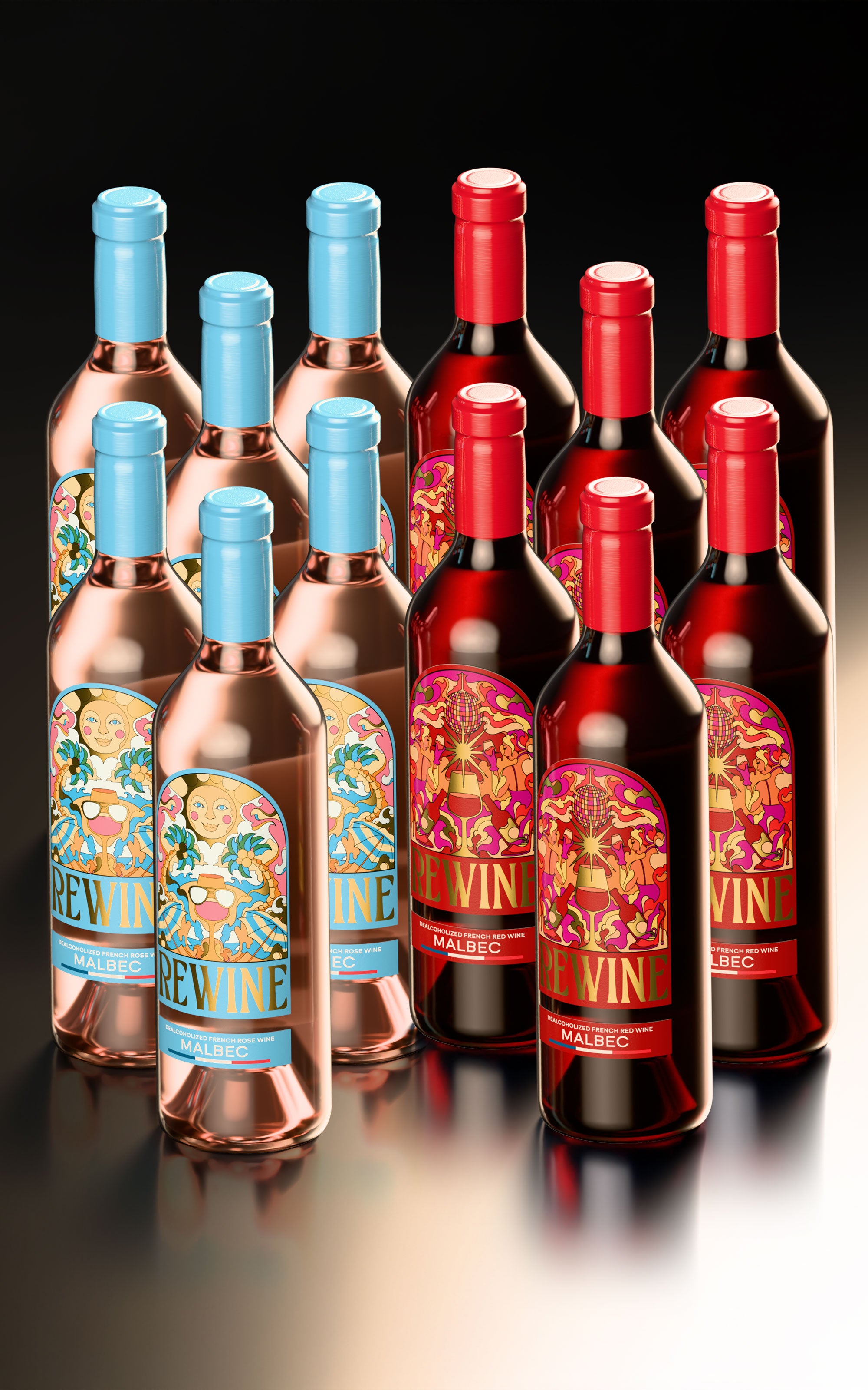 Assorted bottles of wine with colorful labels on a reflective surface.