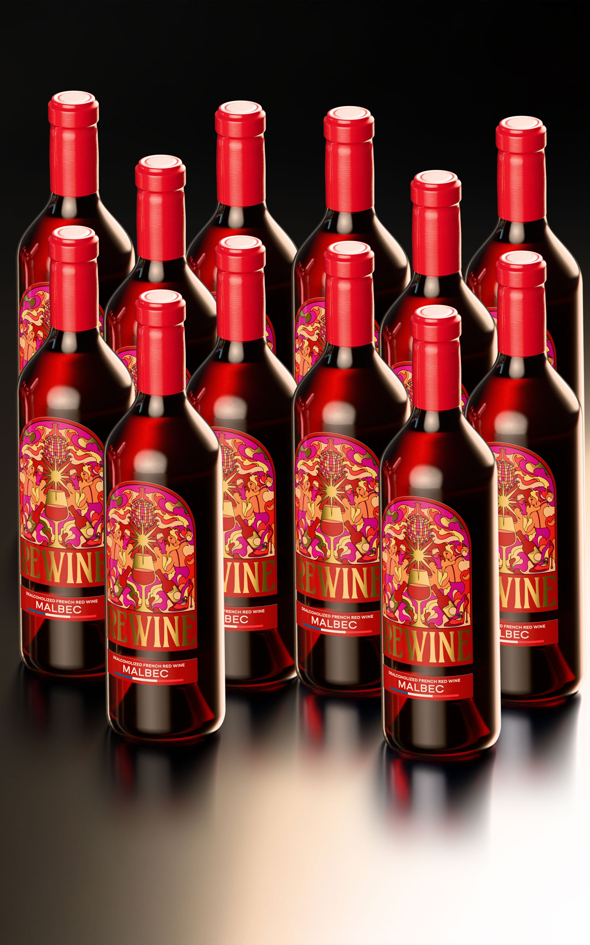 Multiple bottles of red wine with decorative labels on a reflective surface.
