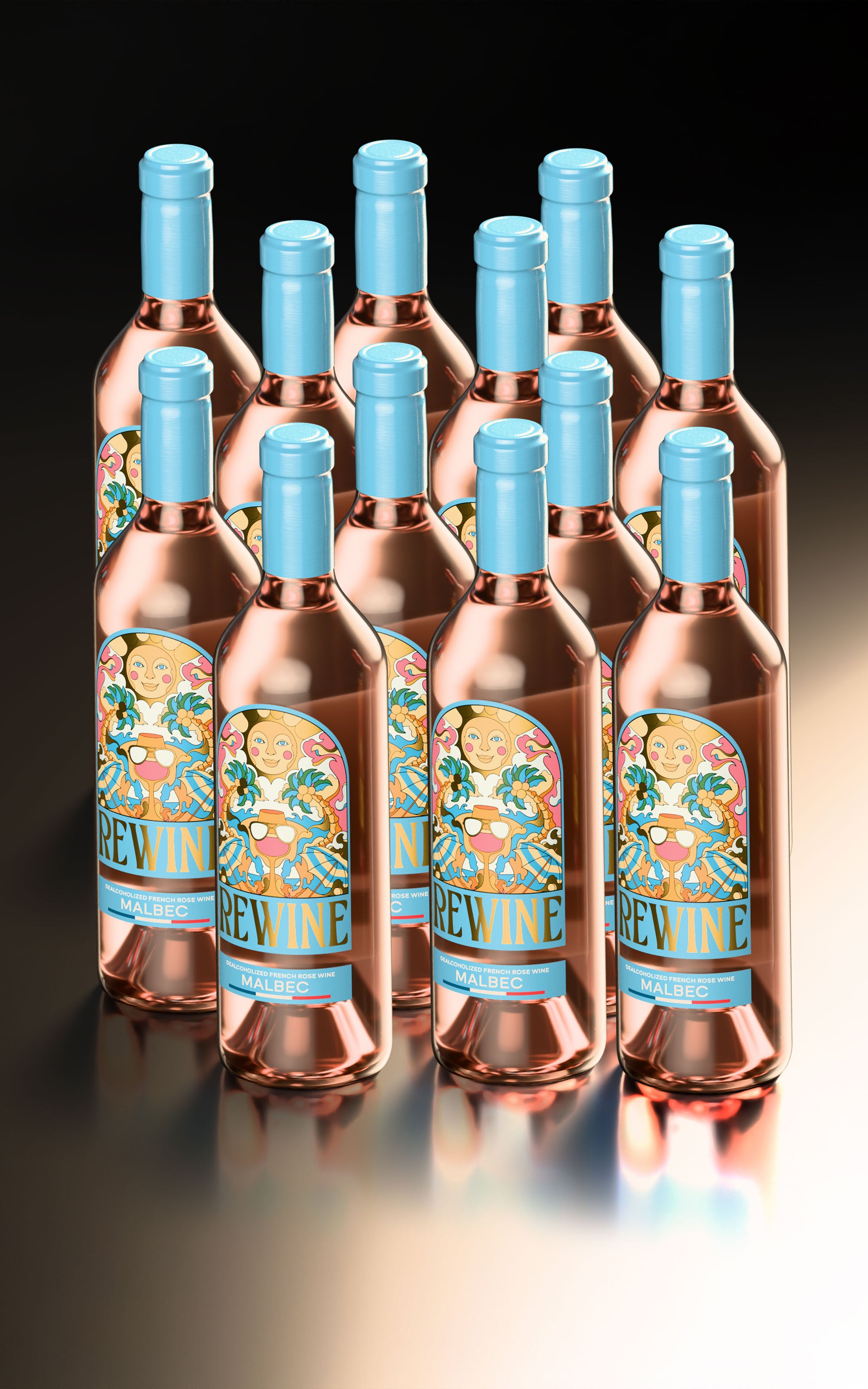 Bottles of rose wine with blue labels and caps on a reflective surface.