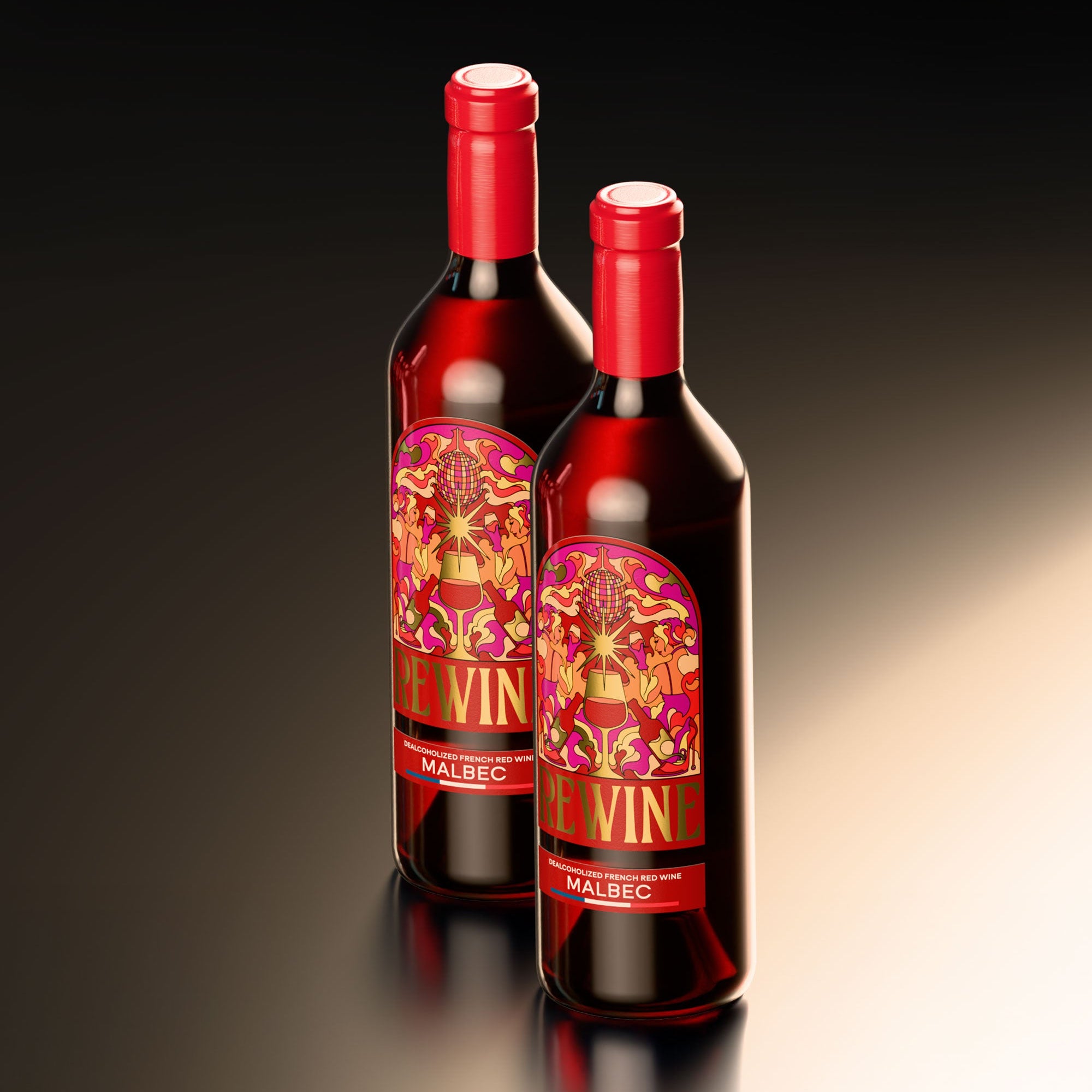 Two red wine bottles with decorative labels on a gradient background