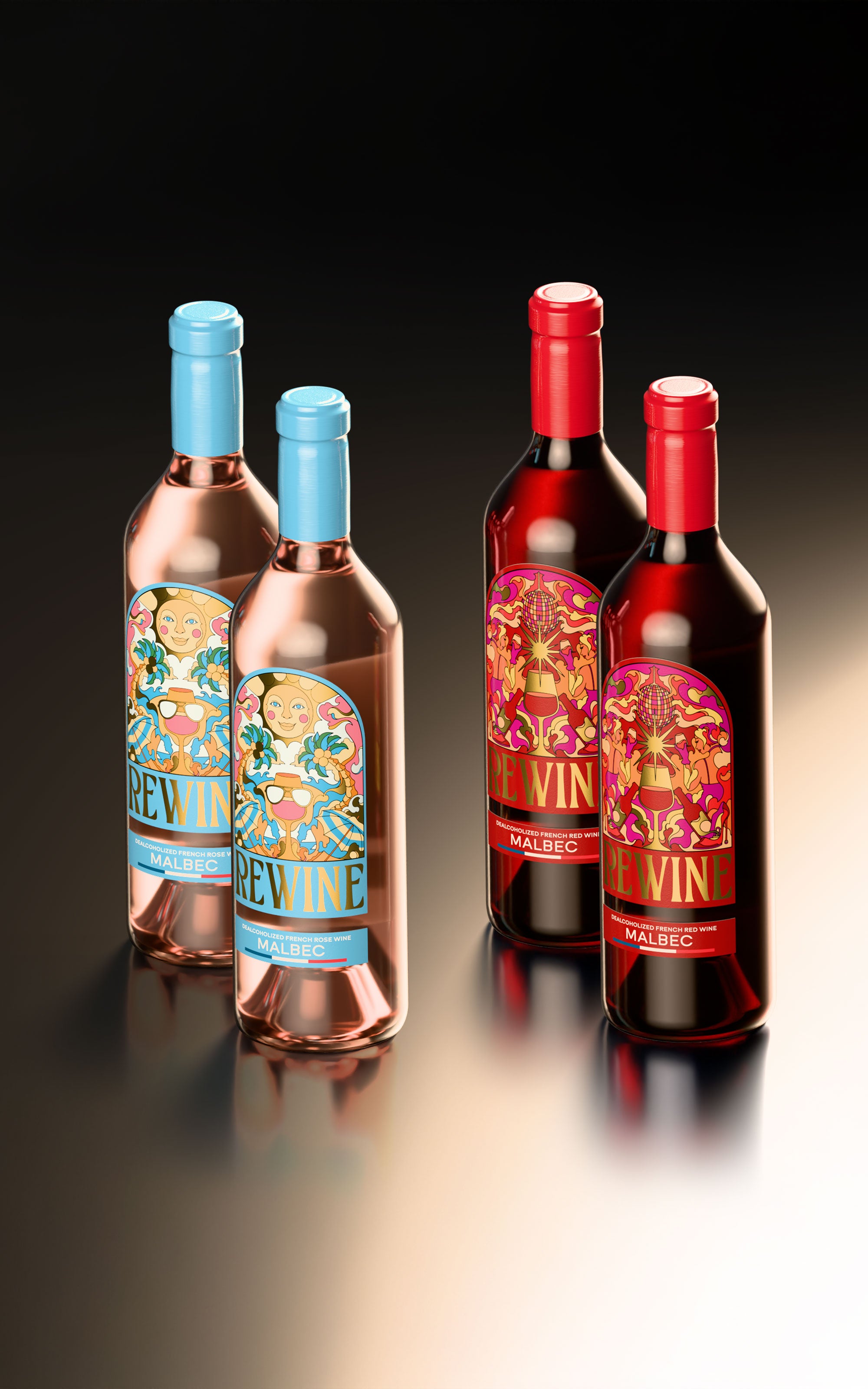 Two bottles of rose wine and two bottles of red wine with colorful labels on a gradient background.