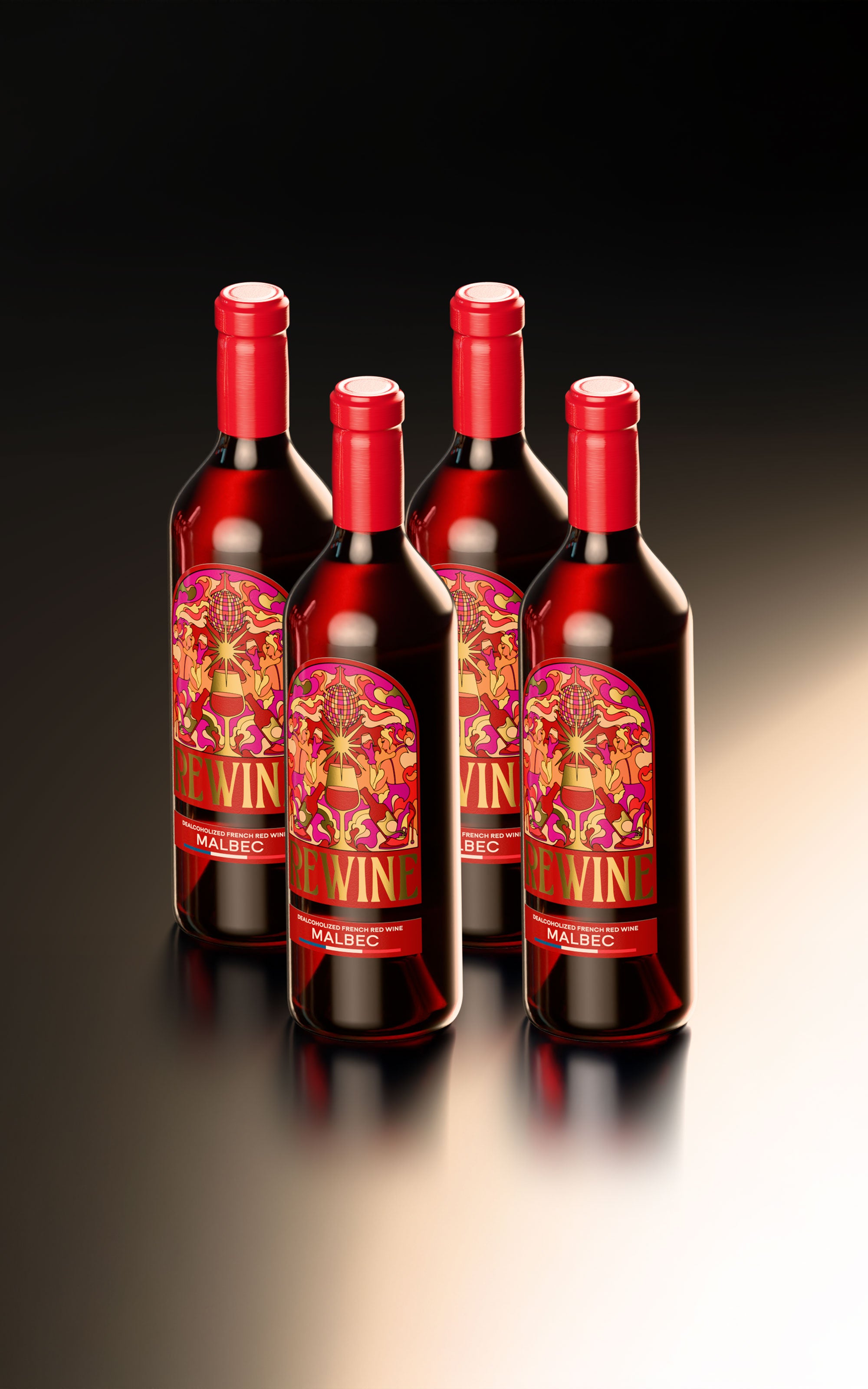 Four bottles of red wine with decorative labels on a gradient background