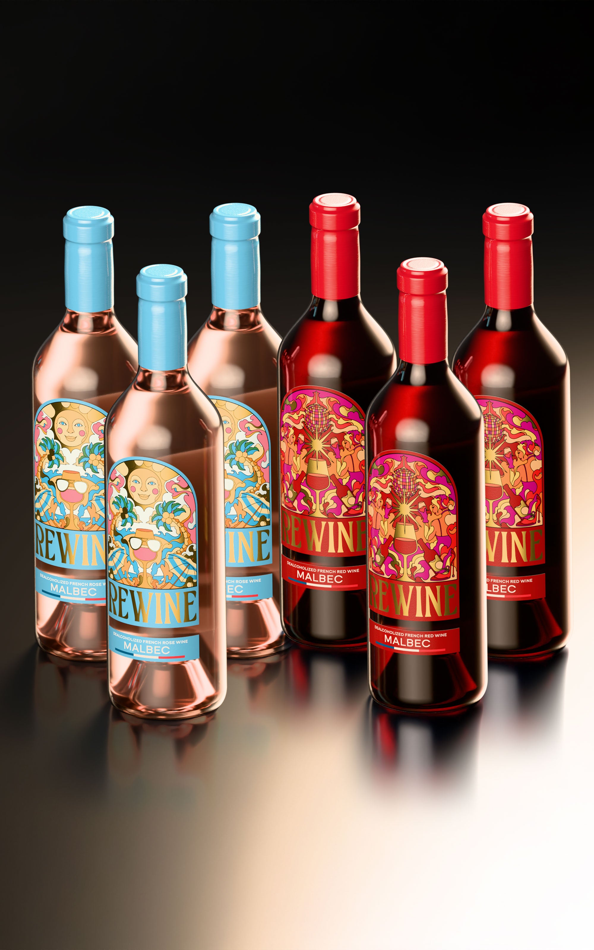 Set of wine bottles with colorful labels on a reflective surface.