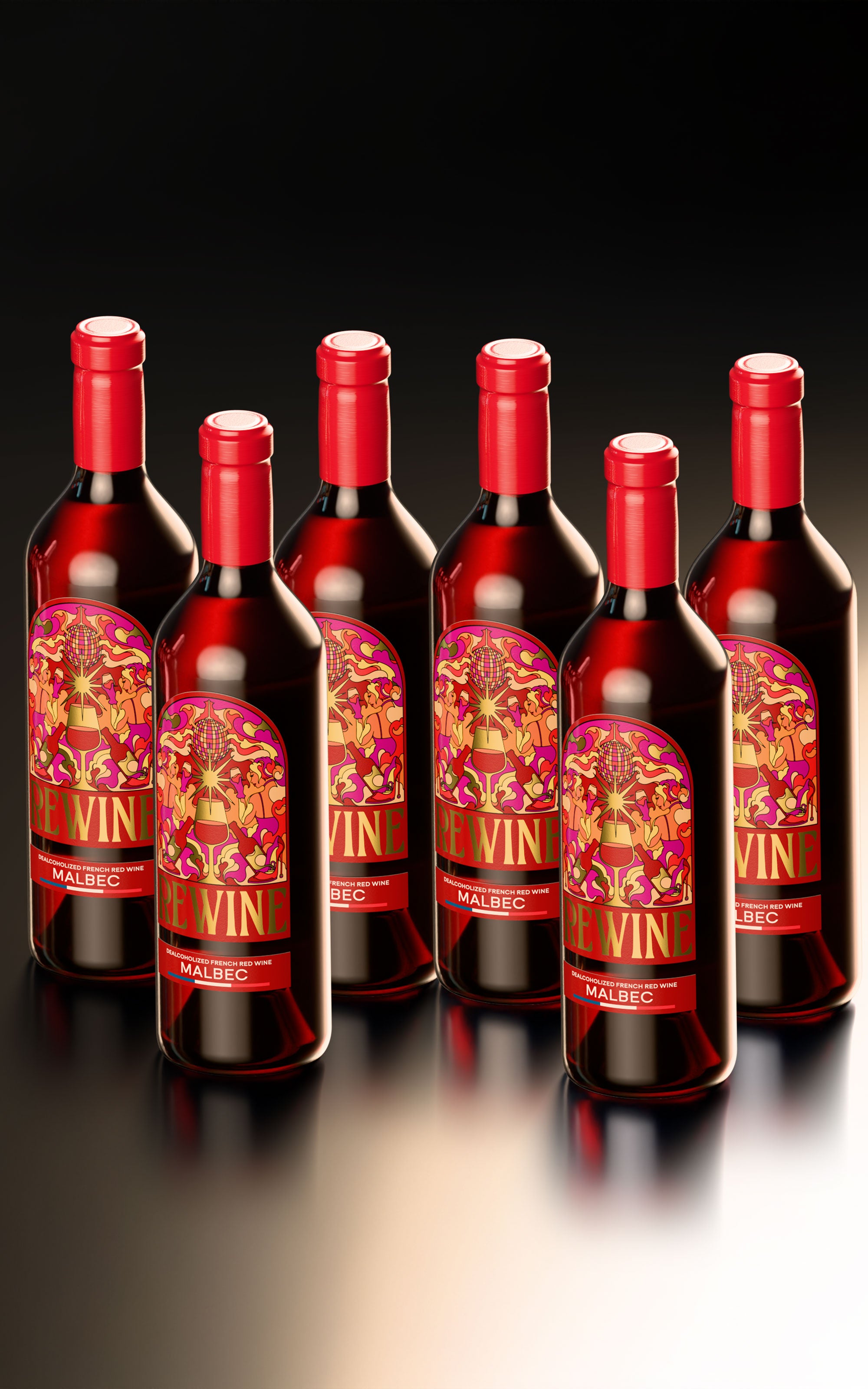 Multiple bottles of red wine with decorative labels on a reflective surface.