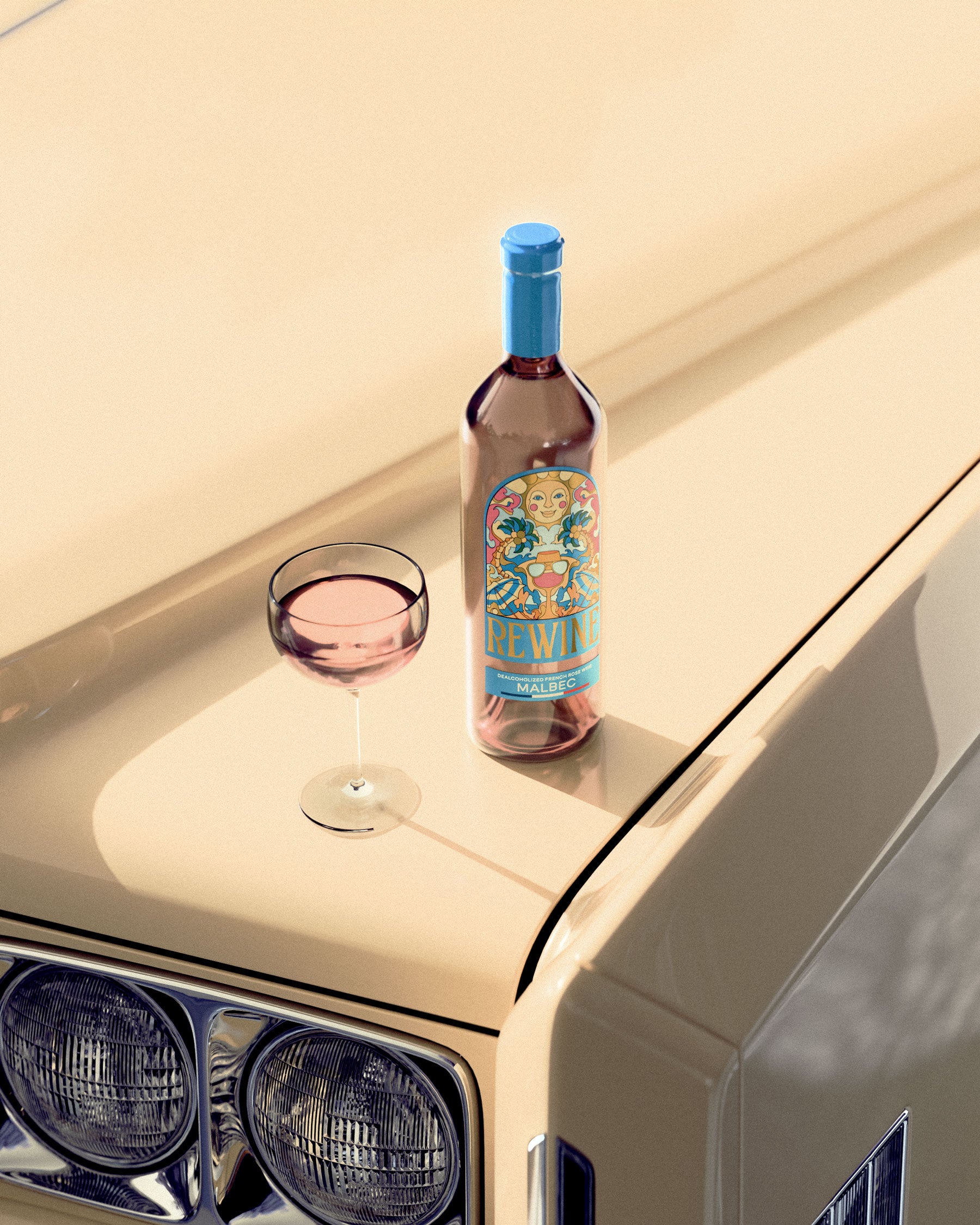 Bottle of wine with a colorful label on a car's hood