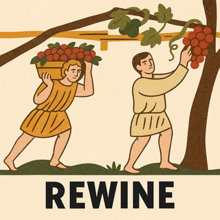 Illustration of two people harvesting grapes with the word 'REWINE' below.